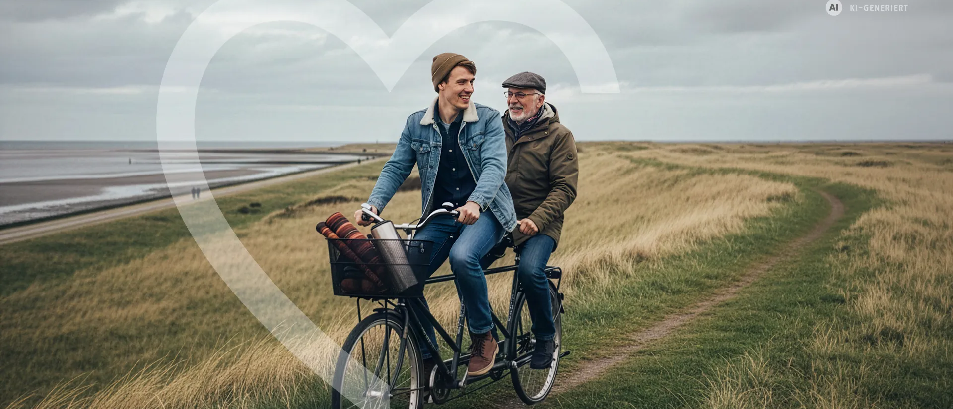 Ein junger Mann fährt gemeinsam mit einem älteren Herren auf einem Tandem auf dem Deich | © KI-generiert
